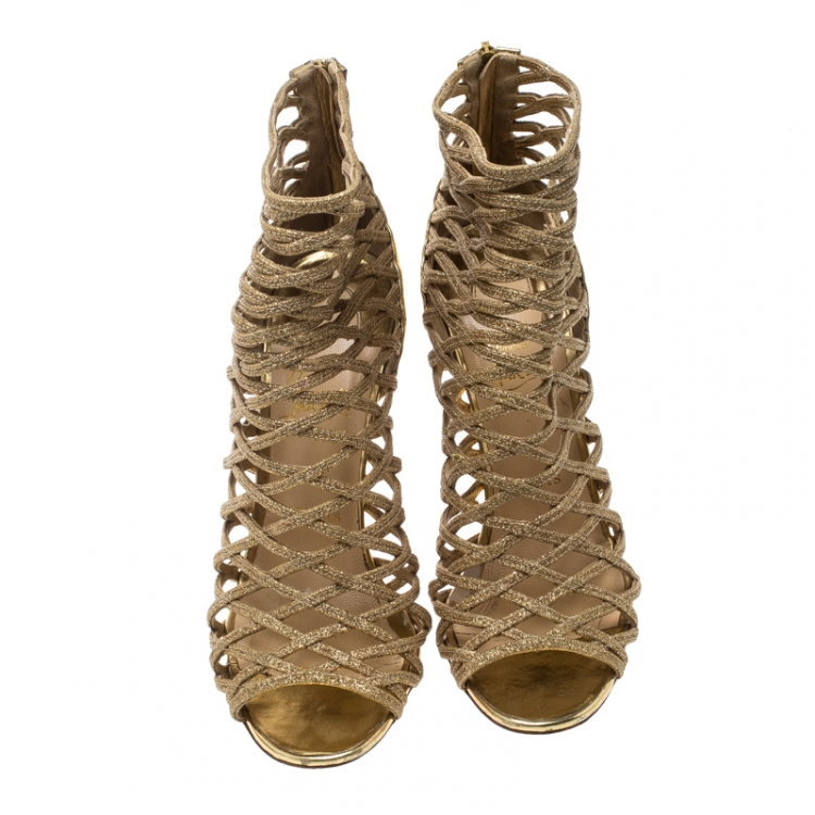 Pre Owned Christian Louboutin Gold Glitter and Leather Gladiator Caged Booties Size 38.5