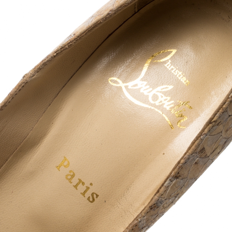 Pre Owned Christian Louboutin Beige Snakeskin Highness Peep Toe Platform Pumps Size 39