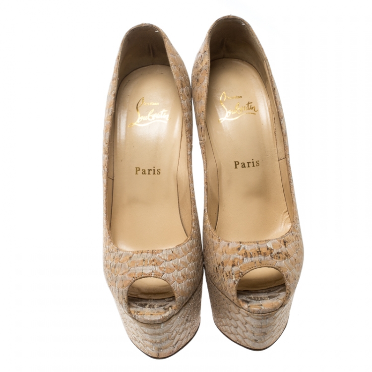 Pre Owned Christian Louboutin Beige Snakeskin Highness Peep Toe Platform Pumps Size 39