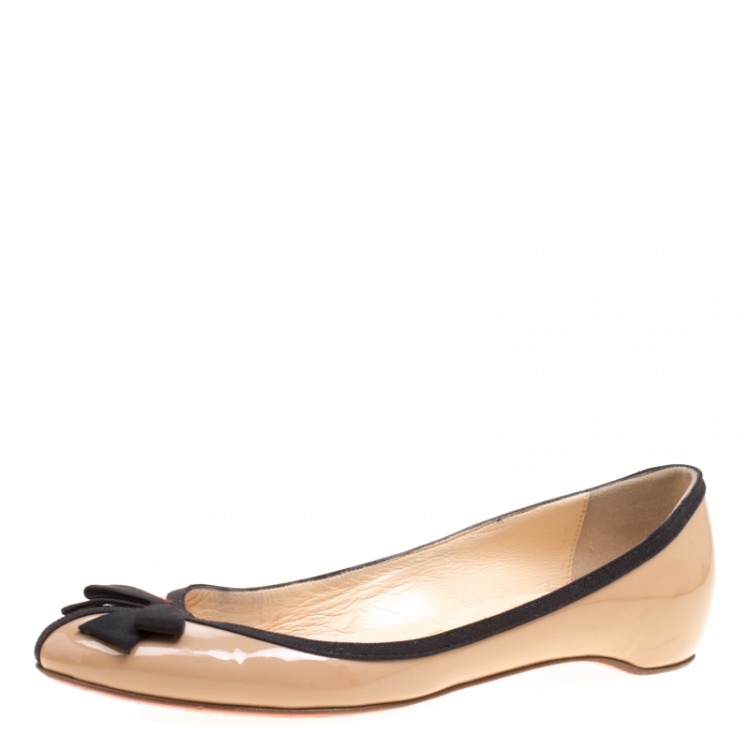 Pre Owned Christian Louboutin Beige Patent Balinodono Bow Ballet Flats Size 36.5