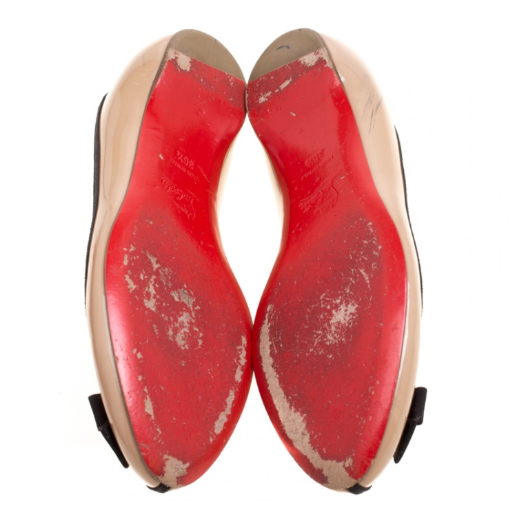Pre Owned Christian Louboutin Beige Patent Balinodono Bow Ballet Flats Size 36.5