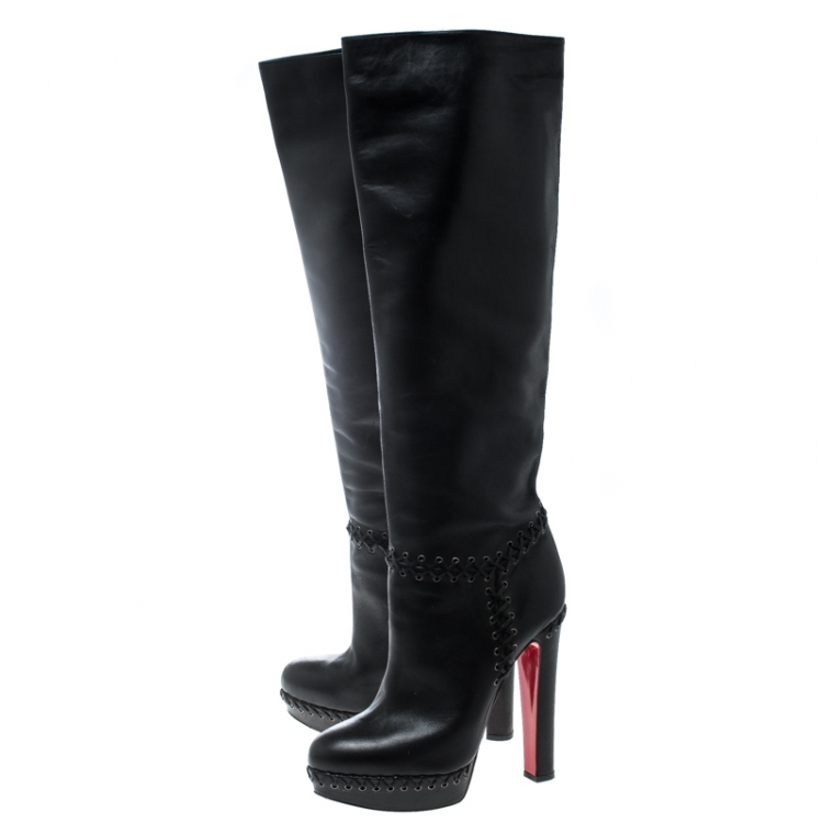 مملوكة مسبقًا Christian Louboutin Black Leather Braided Detail Knee Length Boots Size 39