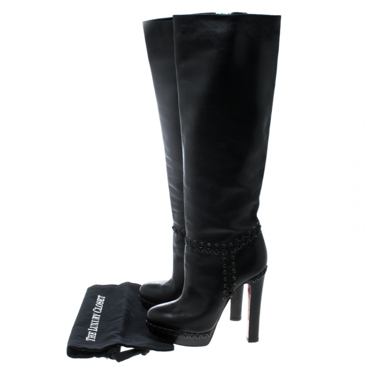 مملوكة مسبقًا Christian Louboutin Black Leather Braided Detail Knee Length Boots Size 39