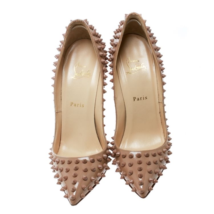 Pre Owned Christian Louboutin Beige Patent Pigalle Spikes Pumps Size 38.5