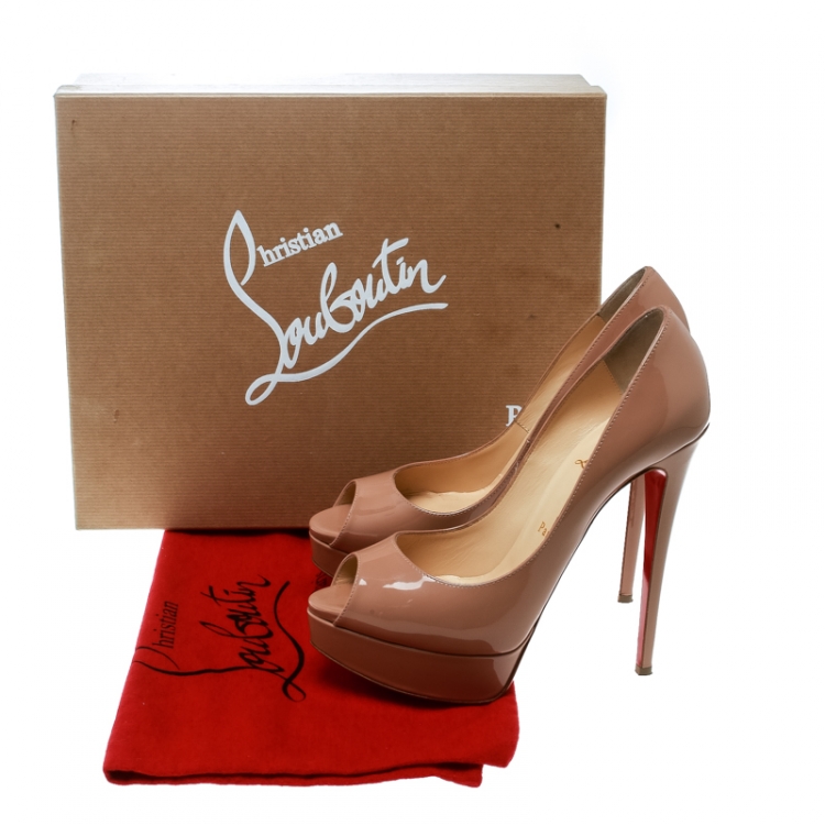 مملوكة مسبقًا Christian Louboutin Beige Patent Leather Lady Peep Toe Platform Pumps Size 38.5