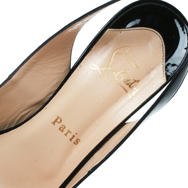 Pre Owned Christian Louboutin Black Patent Leather Private Number Peep Toe Slingback Sandals Size 37.5