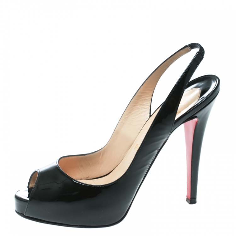 Pre Owned Christian Louboutin Black Patent Leather Private Number Peep Toe Slingback Sandals Size 37.5