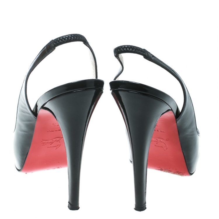 Pre Owned Christian Louboutin Black Patent Leather Private Number Peep Toe Slingback Sandals Size 37.5