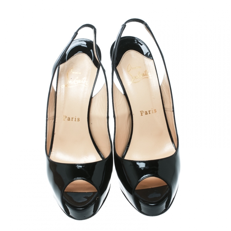 Pre Owned Christian Louboutin Black Patent Leather Private Number Peep Toe Slingback Sandals Size 37.5