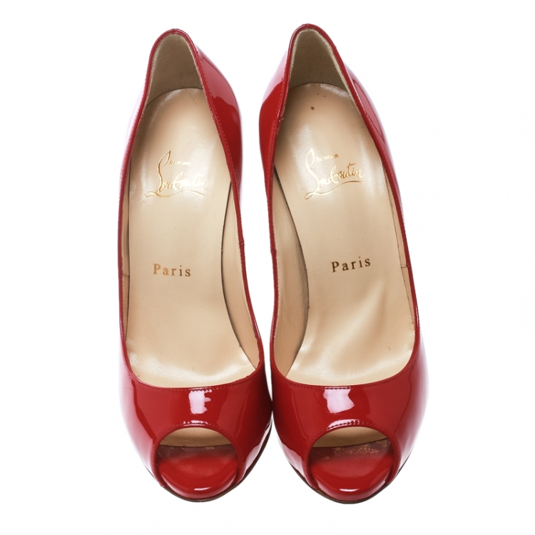 Pre Owned  Christian Louboutin Red Patent Leather Maryl Peep Toe Pumps Size 38
