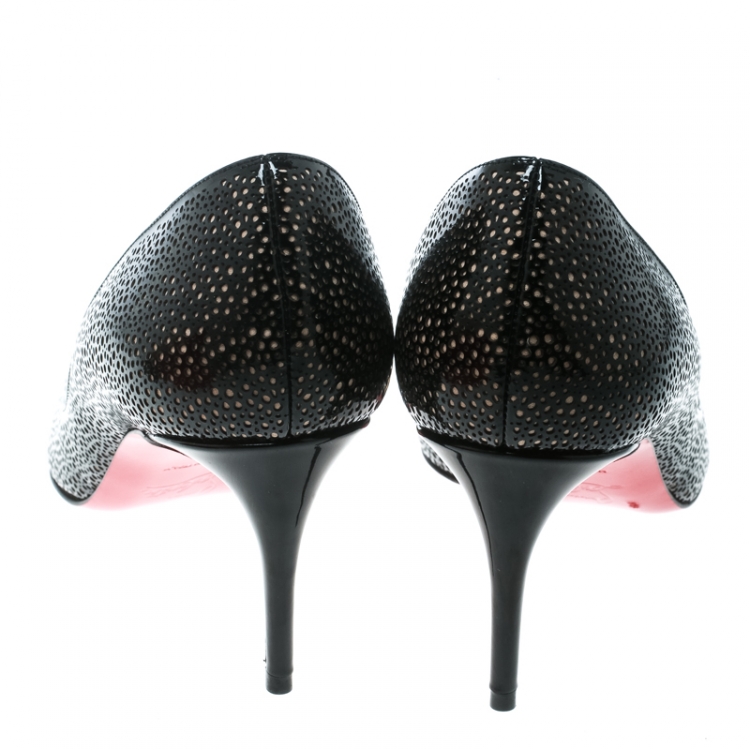 Pre Owned Christian Louboutin Two Tone Laser Cut Patent Leather Galupump Pointed Toe D'orsay Pumps Size 37.5