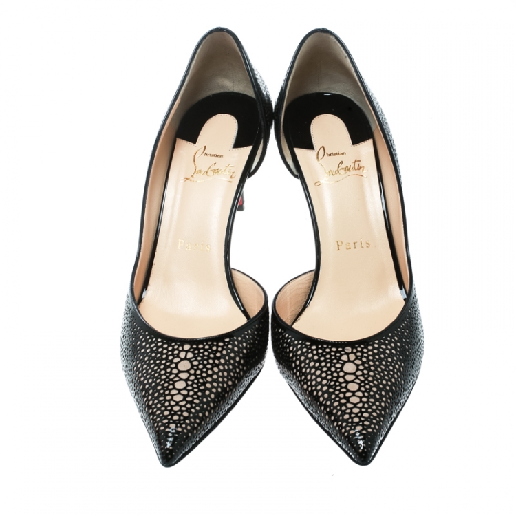 Pre Owned Christian Louboutin Two Tone Laser Cut Patent Leather Galupump Pointed Toe D'orsay Pumps Size 37.5