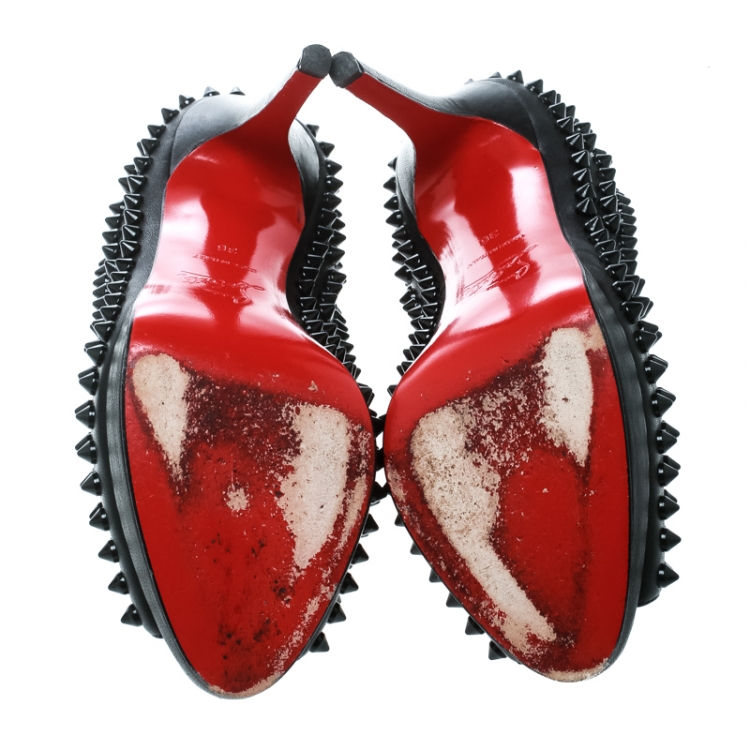 Pre Owned Christian Louboutin Black Leather Yolanda Spikes Peep Toe Pumps Size 36