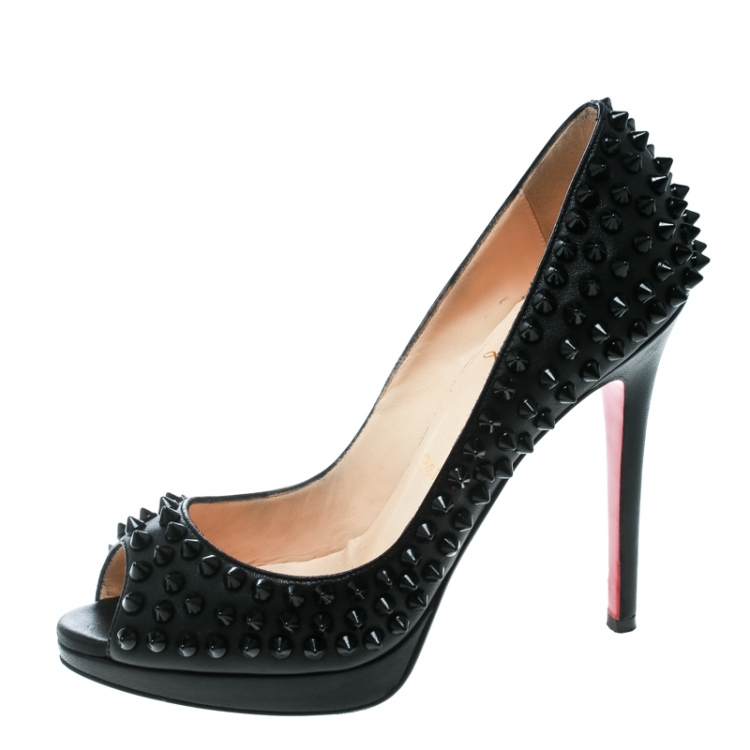 Pre Owned Christian Louboutin Black Leather Yolanda Spikes Peep Toe Pumps Size 36