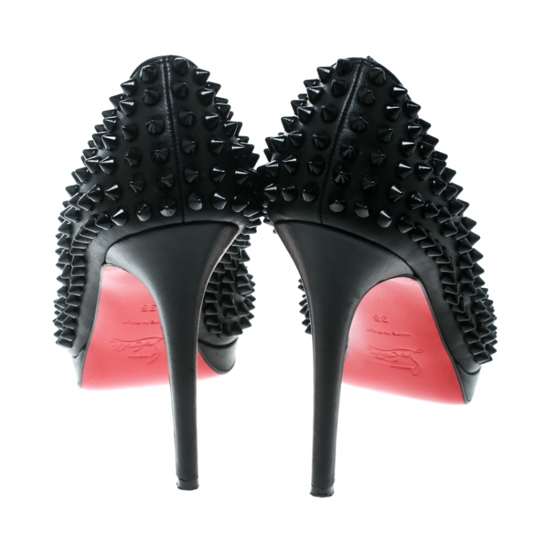 Pre Owned Christian Louboutin Black Leather Yolanda Spikes Peep Toe Pumps Size 36