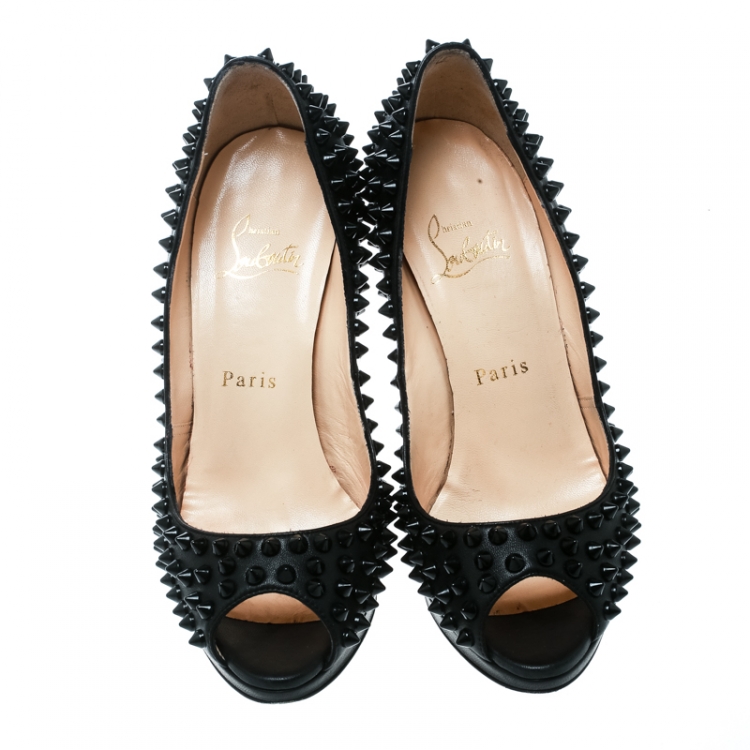 Pre Owned Christian Louboutin Black Leather Yolanda Spikes Peep Toe Pumps Size 36