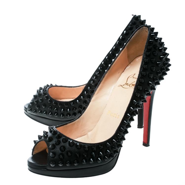 Pre Owned Christian Louboutin Black Leather Yolanda Spikes Peep Toe Pumps Size 36