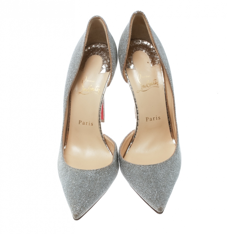 Pre Owned Christian Louboutin Metallic Glitter Lamè Fabric Iriza Pointed Toe D'orsay Pumps Size 39.5