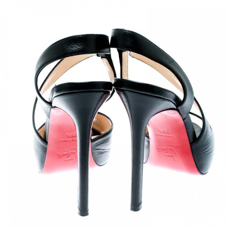 Pre Owned Christian Louboutin Black Leather Ankle Wrap Peep Toe Sandals Size 36.5