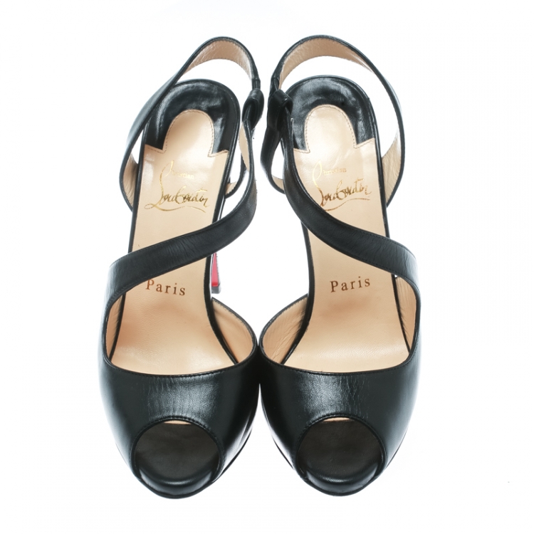 Pre Owned Christian Louboutin Black Leather Ankle Wrap Peep Toe Sandals Size 36.5