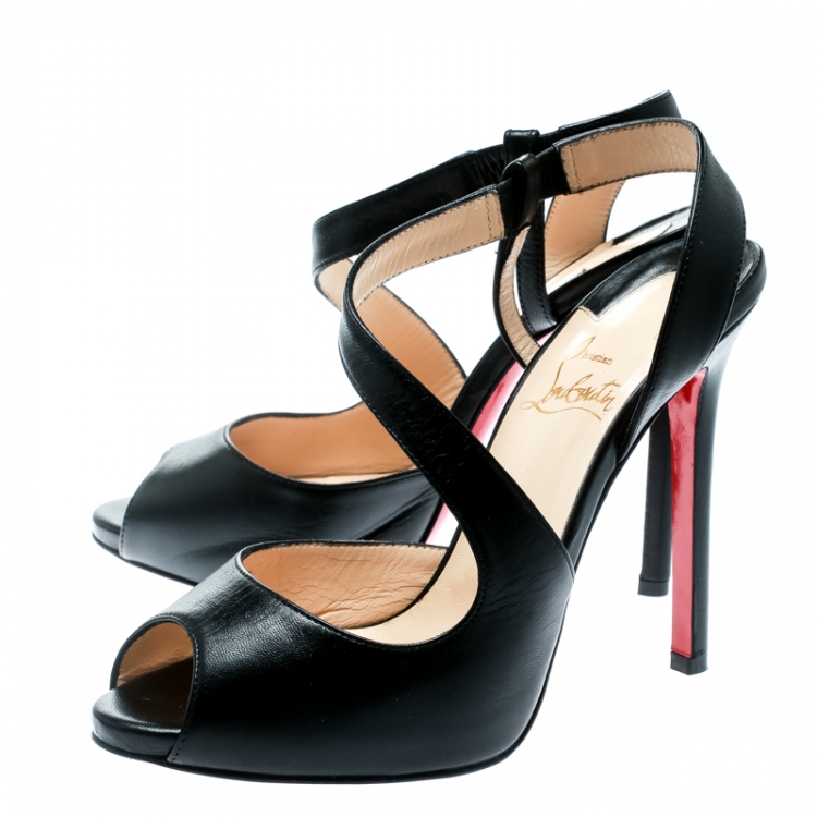 Pre Owned Christian Louboutin Black Leather Ankle Wrap Peep Toe Sandals Size 36.5