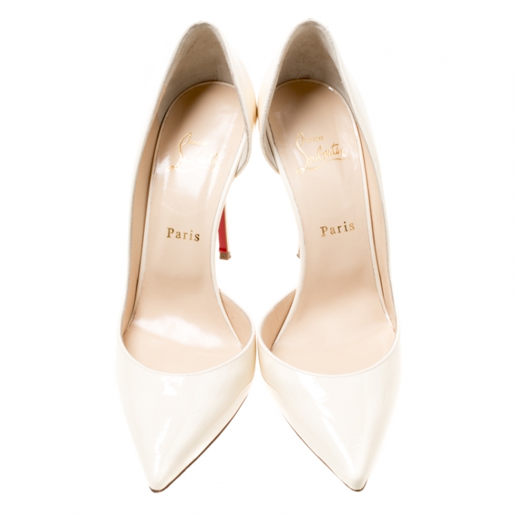 Pre Owned Christian Louboutin Cream Patent Leather Iris half D'orsay Pointed Toe Pumps Size 40