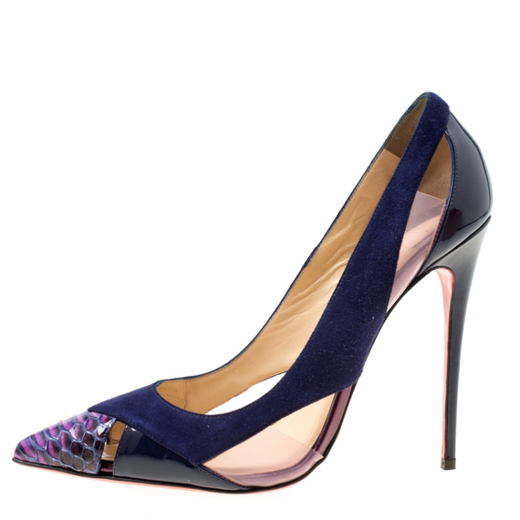 Pre Owned Christian Louboutin Blue Suede and Python Leather Galata Pointed Toe Cutout Pumps Size 37.5