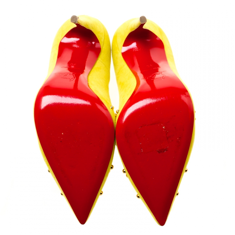 Pre Owned Christian Louboutin Neon Yellow Suede Door Knock Studded Pointed Toe Pumps Size 35