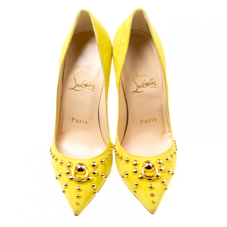 Pre Owned Christian Louboutin Neon Yellow Suede Door Knock Studded Pointed Toe Pumps Size 35