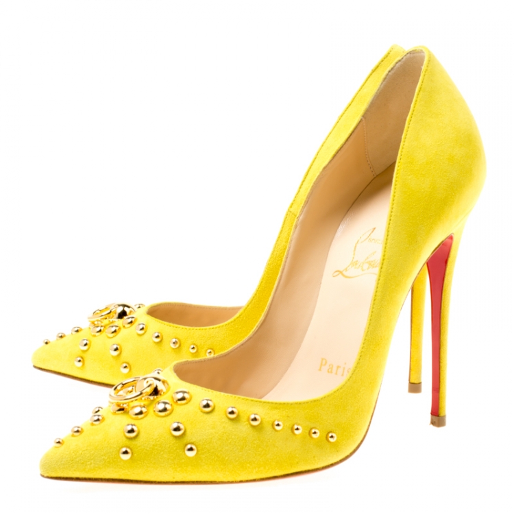 Pre Owned Christian Louboutin Neon Yellow Suede Door Knock Studded Pointed Toe Pumps Size 35