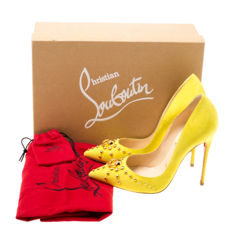 Pre Owned Christian Louboutin Neon Yellow Suede Door Knock Studded Pointed Toe Pumps Size 35