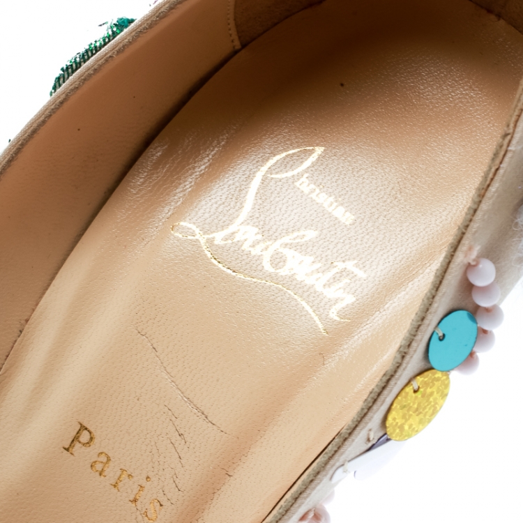 Pre Owned Christian Louboutin Beige Satin Make Up Trash Lady Peep Toe Platform Pumps Size 40