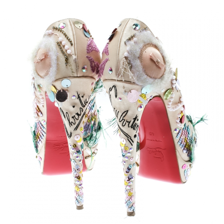 Pre Owned Christian Louboutin Beige Satin Make Up Trash Lady Peep Toe Platform Pumps Size 40