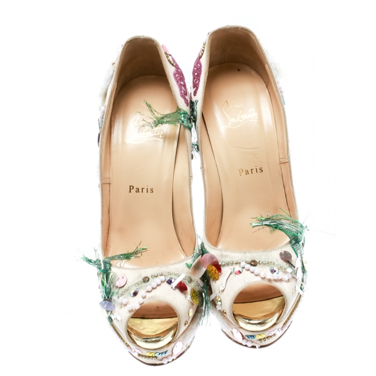 Pre Owned Christian Louboutin Beige Satin Make Up Trash Lady Peep Toe Platform Pumps Size 40