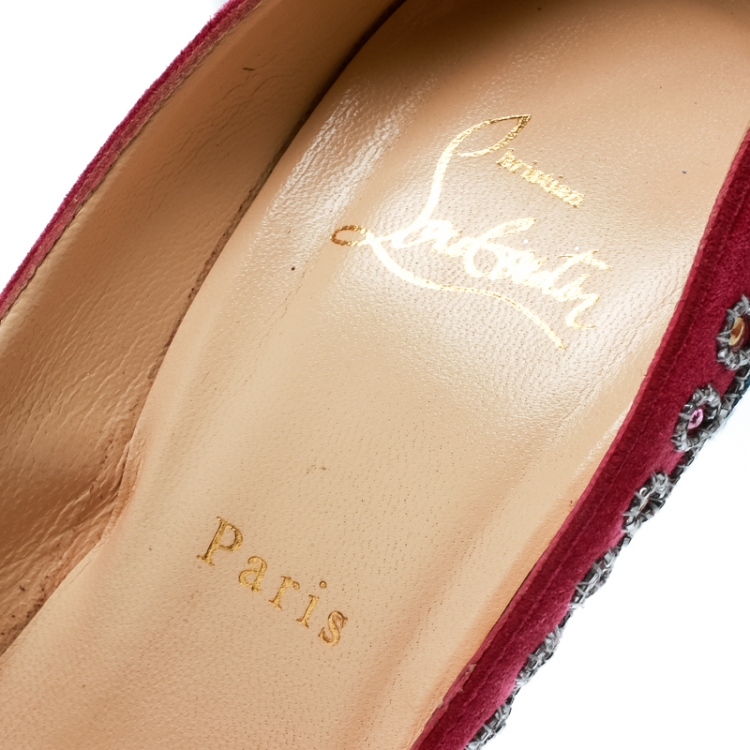 Pre Owned Christian Louboutin Hot Pink Embroidered Suede Bollywoody Peep Toe Platform Pumps Size 40