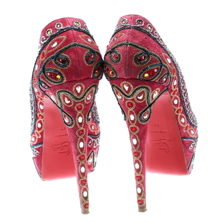 Pre Owned Christian Louboutin Hot Pink Embroidered Suede Bollywoody Peep Toe Platform Pumps Size 40