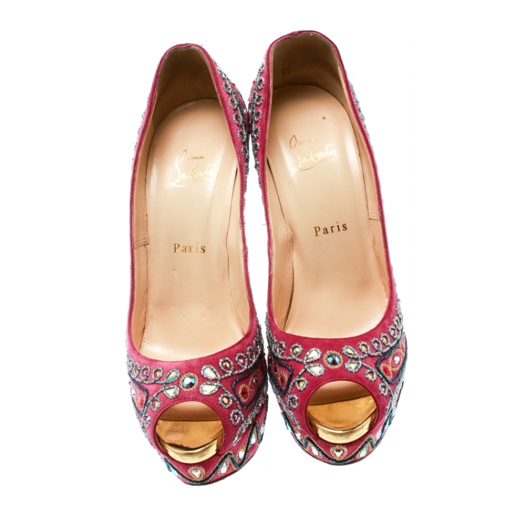 Pre Owned Christian Louboutin Hot Pink Embroidered Suede Bollywoody Peep Toe Platform Pumps Size 40