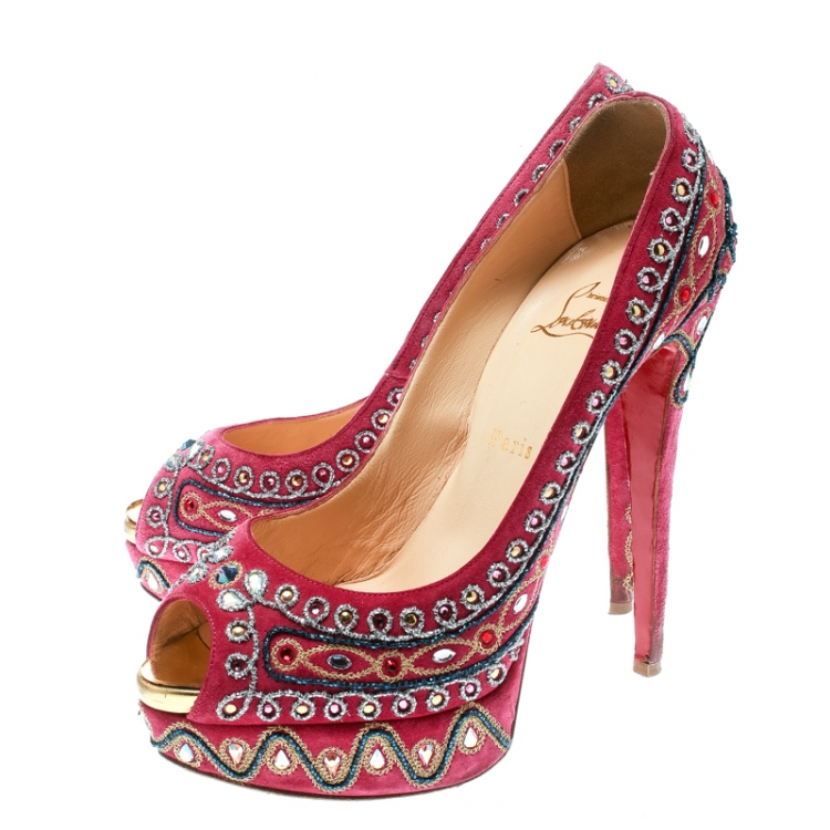 Pre Owned Christian Louboutin Hot Pink Embroidered Suede Bollywoody Peep Toe Platform Pumps Size 40