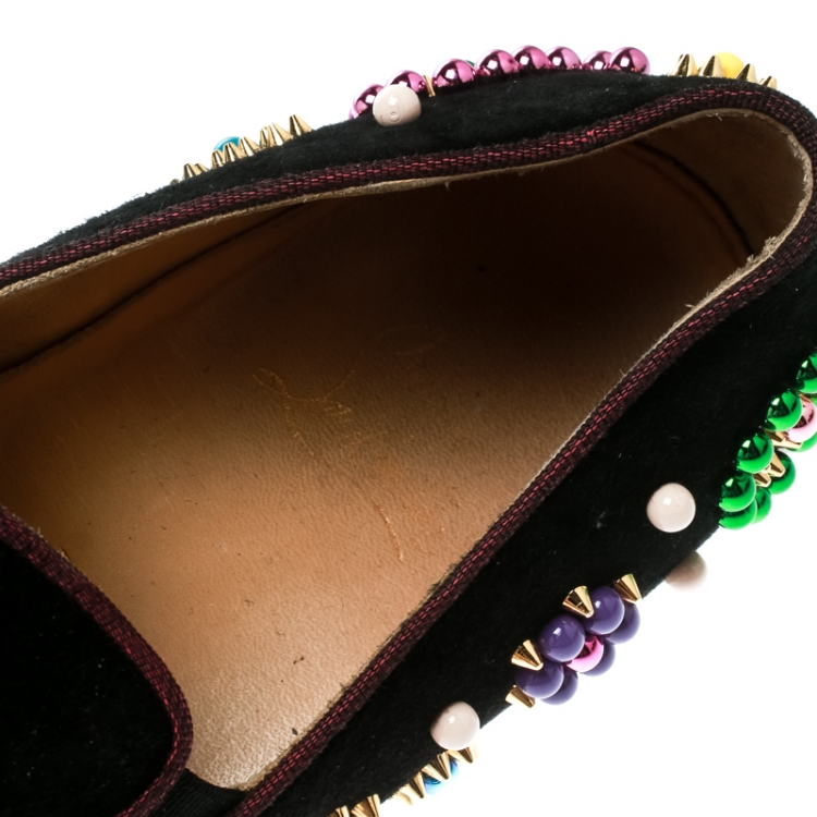 Pre Owned Christian Louboutin Black Embellished Suede Boat Candy Skate Slip On Sneakers Size 39