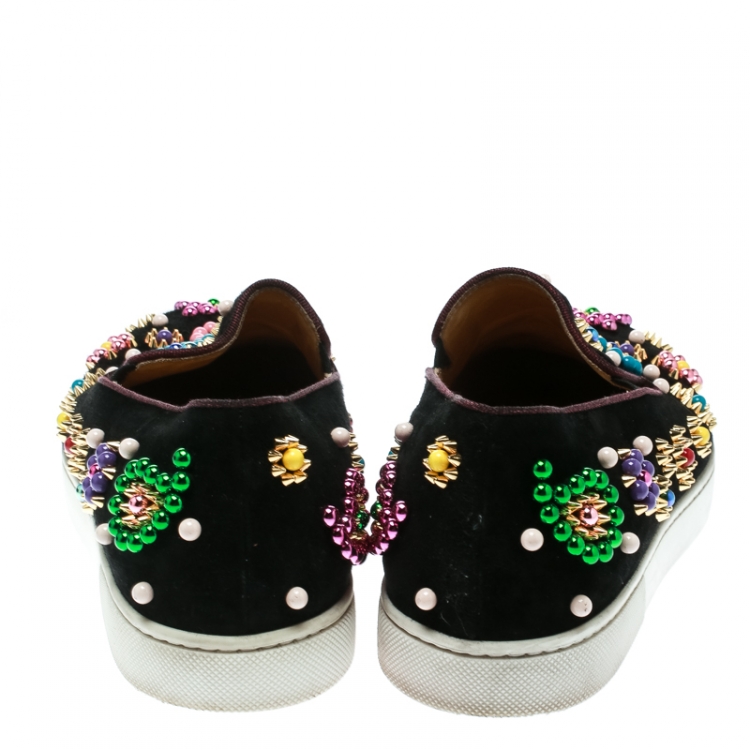 Pre Owned Christian Louboutin Black Embellished Suede Boat Candy Skate Slip On Sneakers Size 39