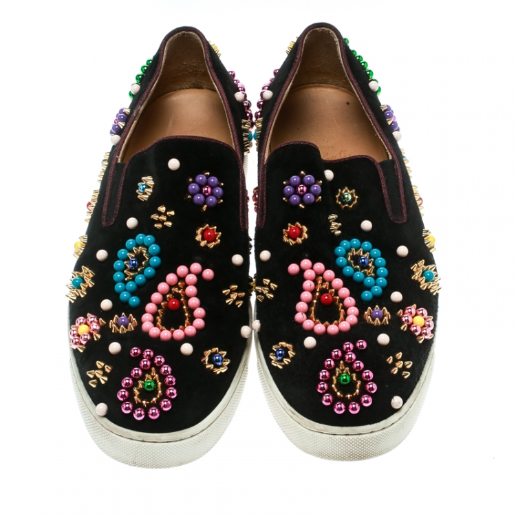 Pre Owned Christian Louboutin Black Embellished Suede Boat Candy Skate Slip On Sneakers Size 39