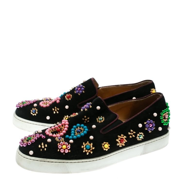 Pre Owned Christian Louboutin Black Embellished Suede Boat Candy Skate Slip On Sneakers Size 39
