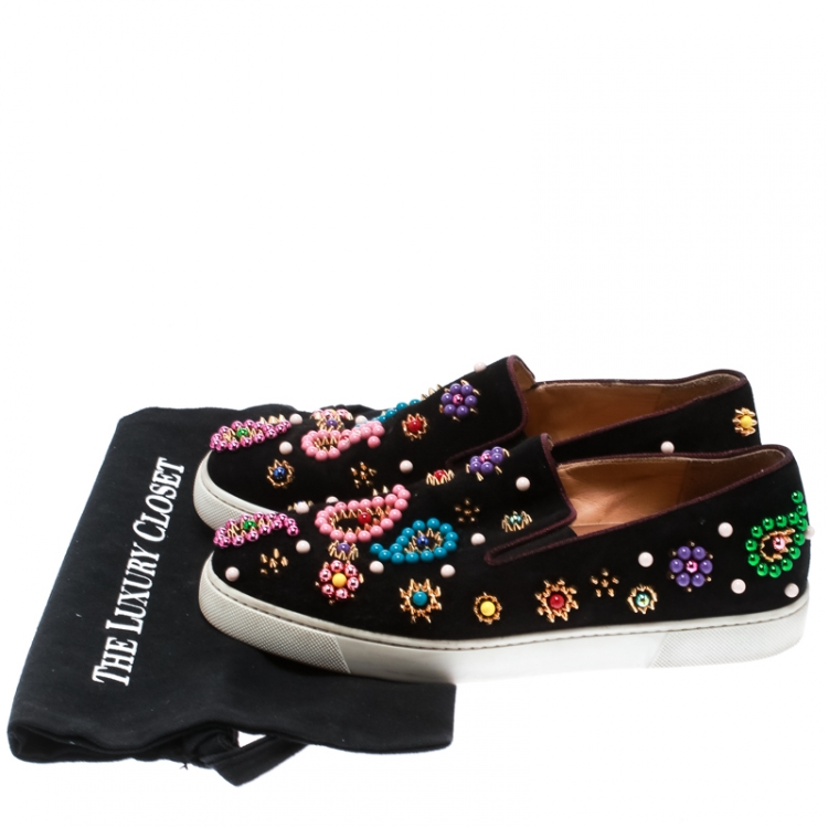 Pre Owned Christian Louboutin Black Embellished Suede Boat Candy Skate Slip On Sneakers Size 39