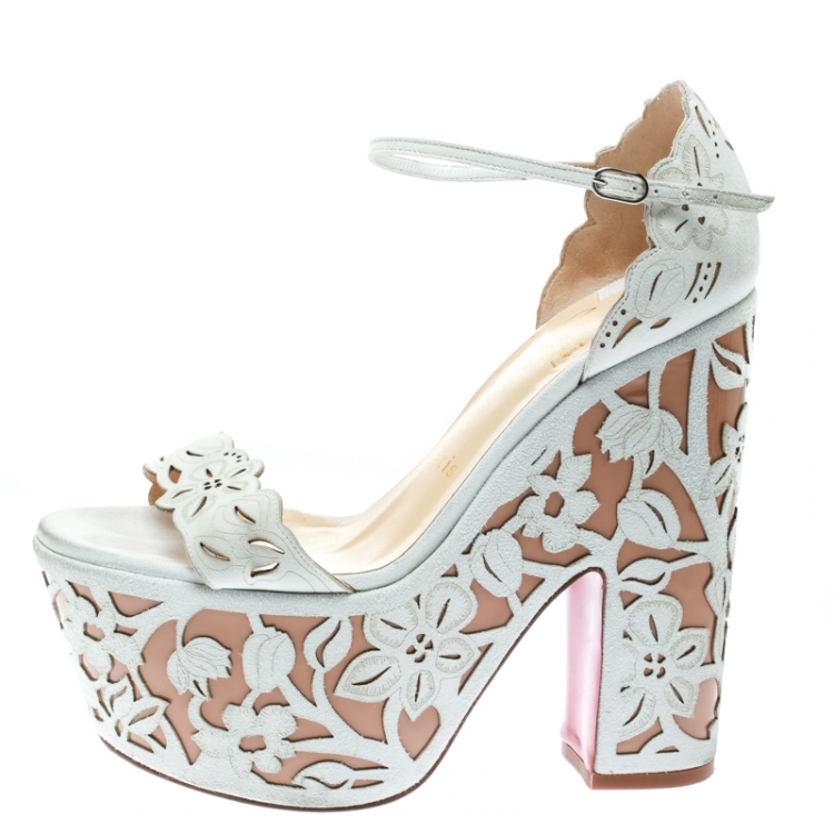 Pre Owned Christian Louboutin Two Tone Suede Laser Cut Floral Overlay Houghton Platform Sandals Size 37.5