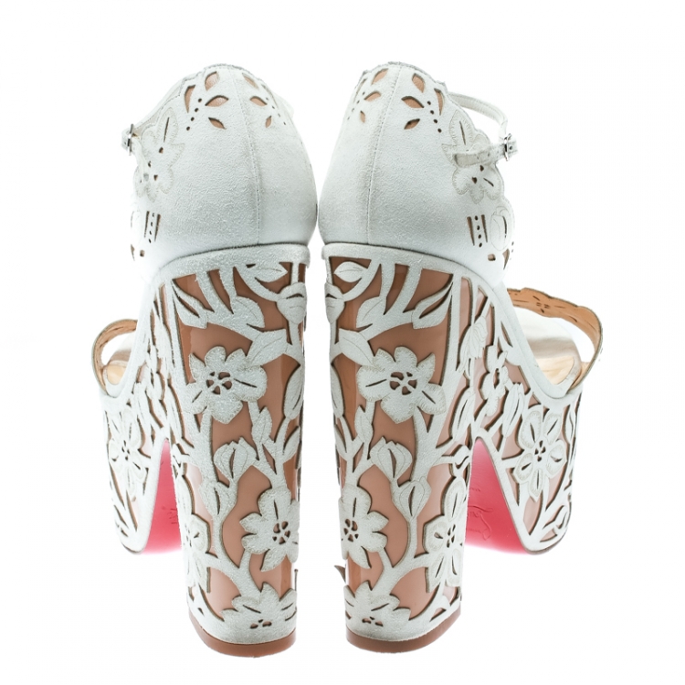 Pre Owned Christian Louboutin Two Tone Suede Laser Cut Floral Overlay Houghton Platform Sandals Size 37.5