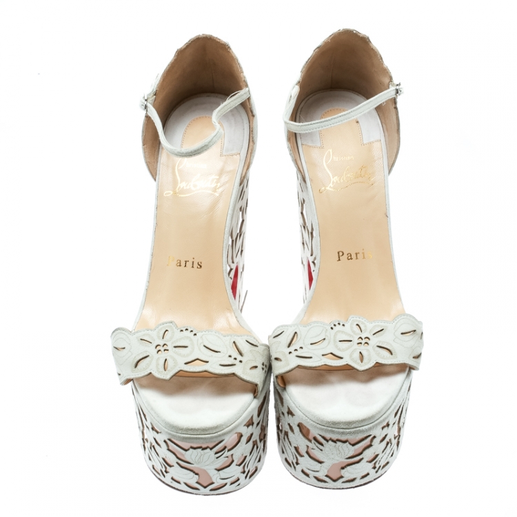 Pre Owned Christian Louboutin Two Tone Suede Laser Cut Floral Overlay Houghton Platform Sandals Size 37.5