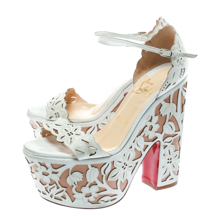 Pre Owned Christian Louboutin Two Tone Suede Laser Cut Floral Overlay Houghton Platform Sandals Size 37.5