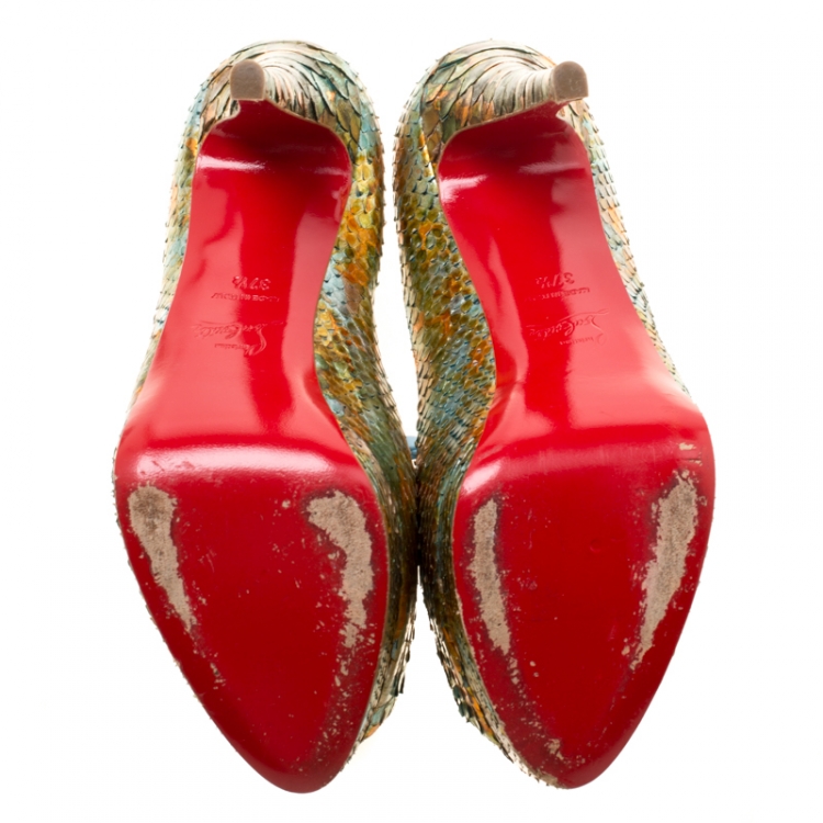 Pre Owned Christian Louboutin Multicolor Python Leather Troca Altareva Lady Peep Toe Platform Pumps Size 37.5