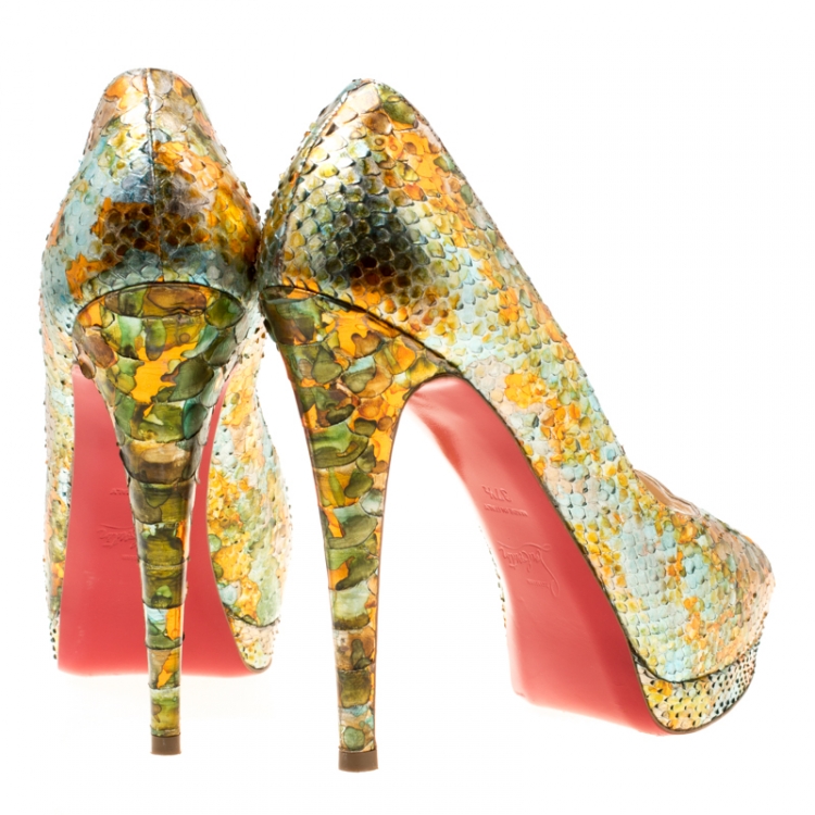 Pre Owned Christian Louboutin Multicolor Python Leather Troca Altareva Lady Peep Toe Platform Pumps Size 37.5