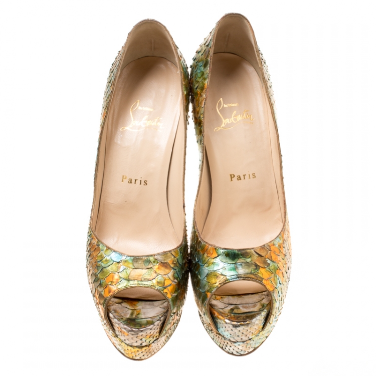 Pre Owned Christian Louboutin Multicolor Python Leather Troca Altareva Lady Peep Toe Platform Pumps Size 37.5